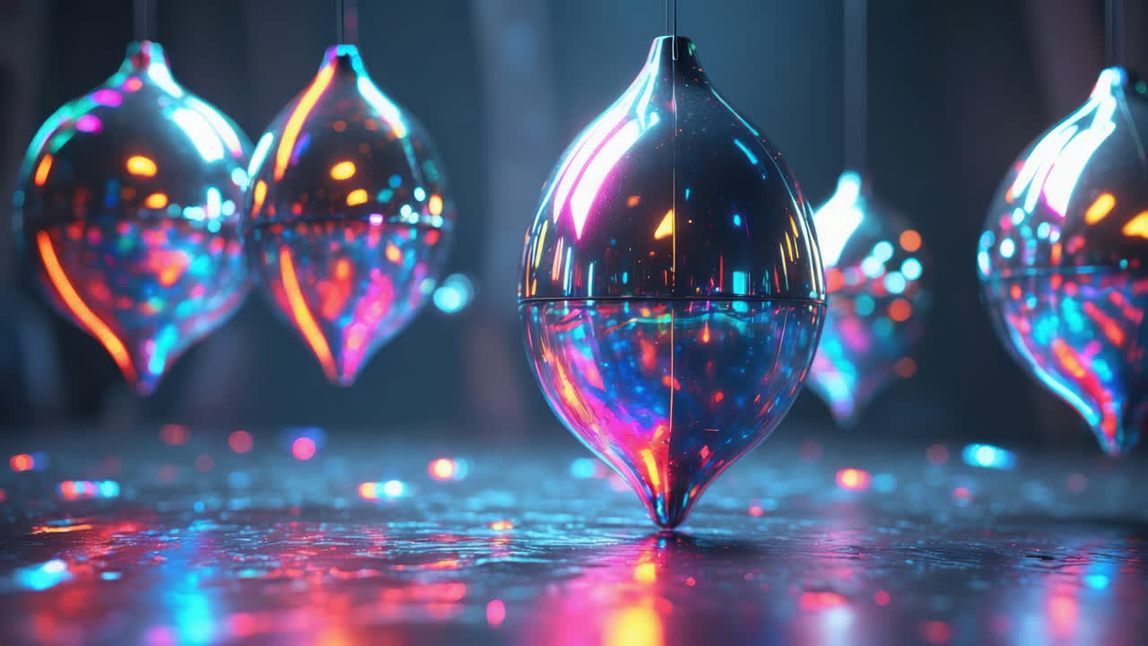 Vibrant Metallic Ornaments with Neon Reflections