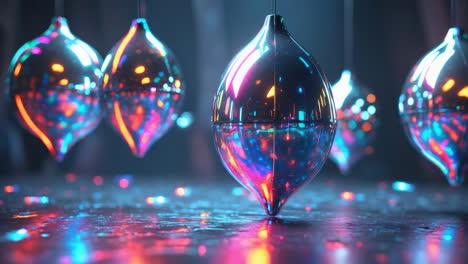 vibrant metallic ornaments with neon reflections
