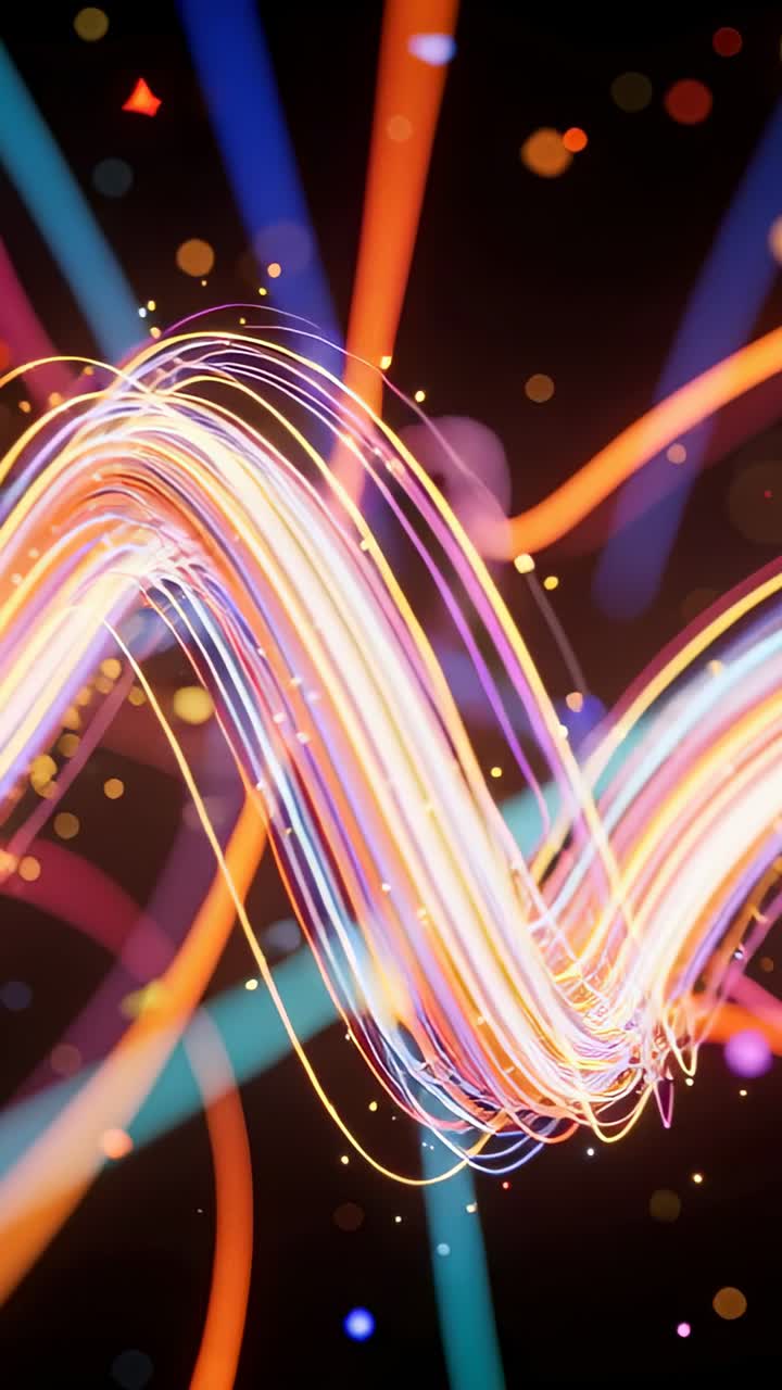 Video verticale: Un'onda colorata di nastri ad arco inizia, raggruppandosi e aprendosi in scintille scure per creare profondità.