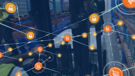 animation of network of connections with icons over man working in warehouse