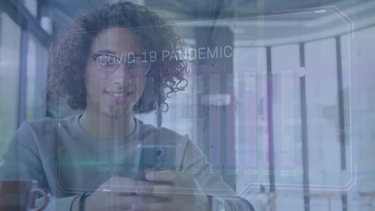 Animation of financial data processing over biracial men using smartphone