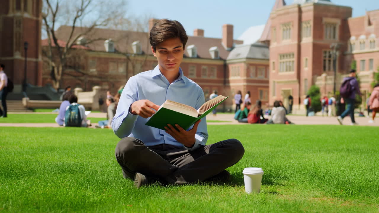 Ung student leser på universitetsplenen, blar i en grønn bok mens den sitter med kryssede ben på den lyse plenen.