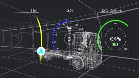 animation of 3d car model and grid over dark background