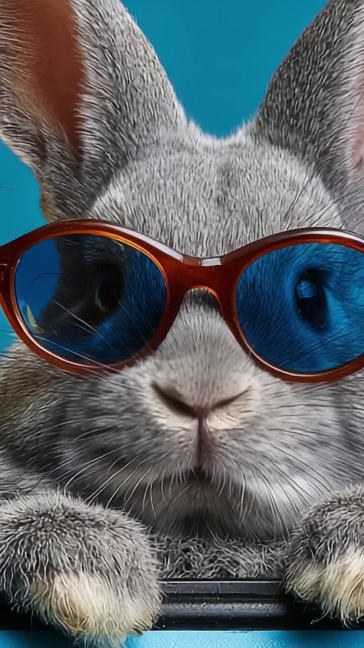Un elegante coniglio grigio con occhiali da sole blu posa per la fotocamera, mostrando la sua natura giocosa e adorabile su uno sfondo vibrante.