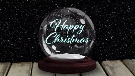 Snow-falling-on-happy-christmas-text-and-shooting-star-around-a-snow-globe-against-black-background