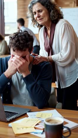 a woman is helping a man with his laptop