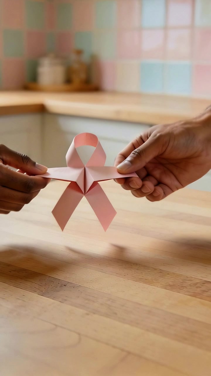 Video verticale: entrando dai lati, due mani tengono un nastro rosa sopra il bancone della cucina, presentando