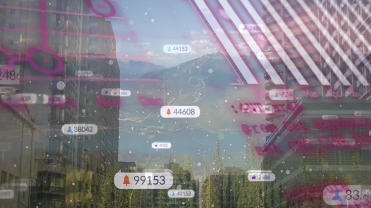 도시 풍경 위의 데이터 처리 애니메이션