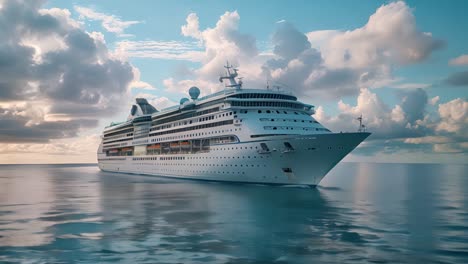 large cruise ship sailing on calm ocean waters under a cloudy sky
