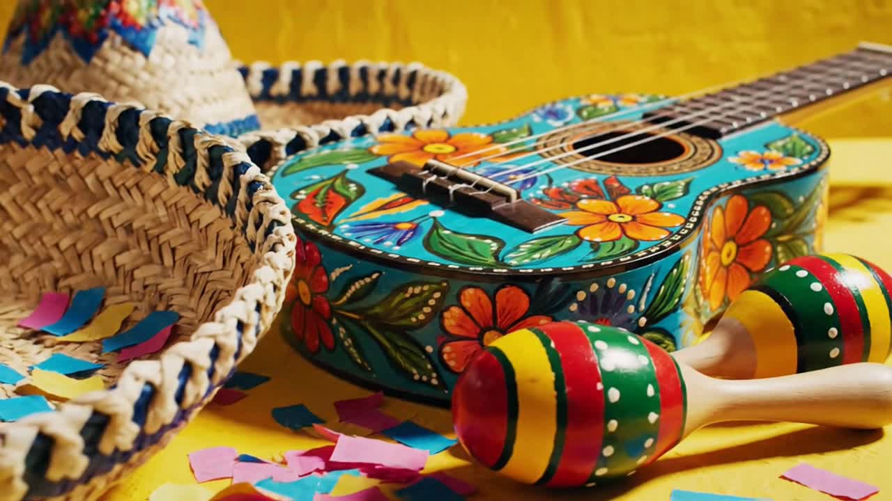 Sombrero, guitarra y maracas sobre una superficie amarilla vibrante