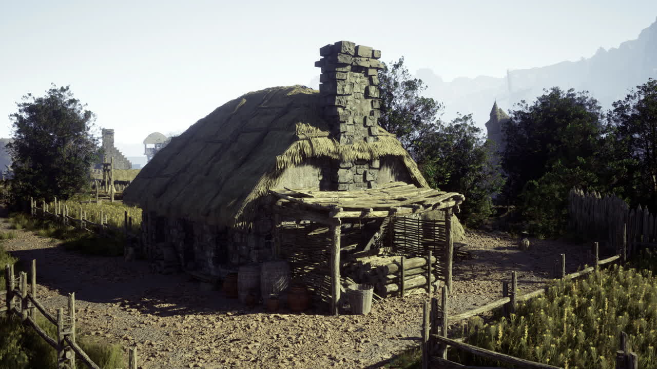 Rustic stone cottage surrounded by nature in a tranquil landscape