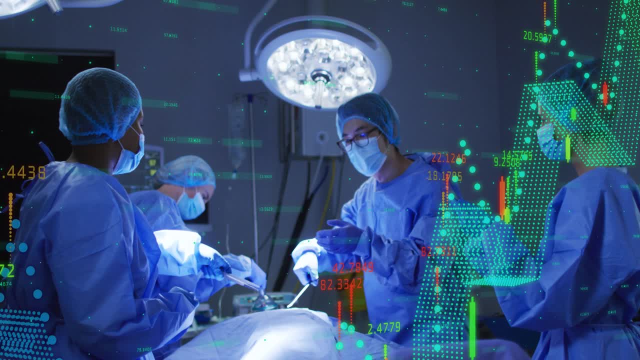 Surgical team operating while tablet showing chest X-ray starting data overlays guiding procedure