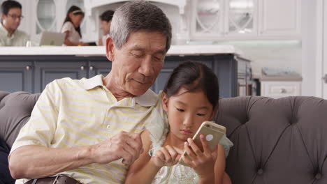 grandfather and granddaughter using mobile phone shot on r3d