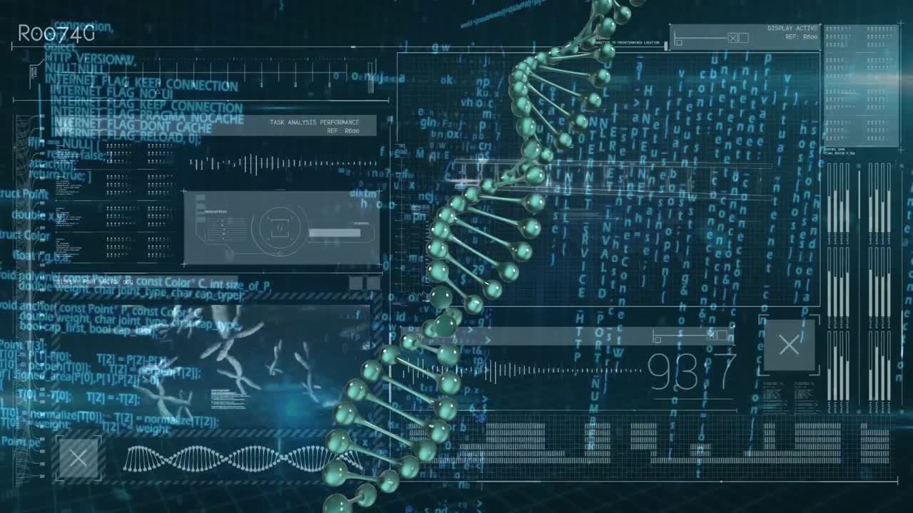 Animation of dna strand spinning and data processing on screens