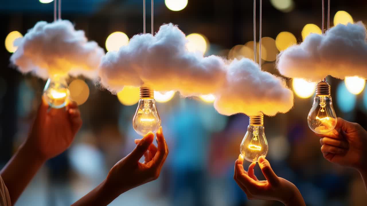 Enchanting Display of Light and Clouds: A Captivating Interaction Between Hands and Illuminated Bulbs Suspended Among Soft Cotton Clouds, Creating a Dreamy Atmosphere