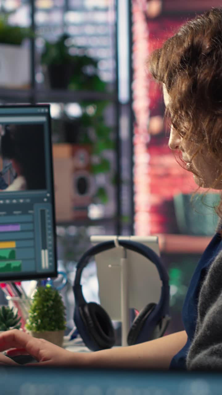 Vertical Video Young woman video editor working with dual monitors in creative agency