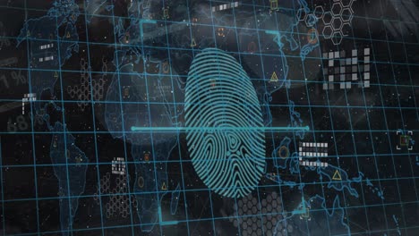 Animation-of-biometric-fingerprint-scanner-and-security-padlock-icon-against-world-map