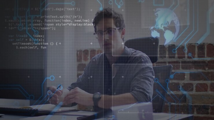 Uomo che lavora alla scrivania con rete digitale e animazione in sovrimpressione di mappa del mondo