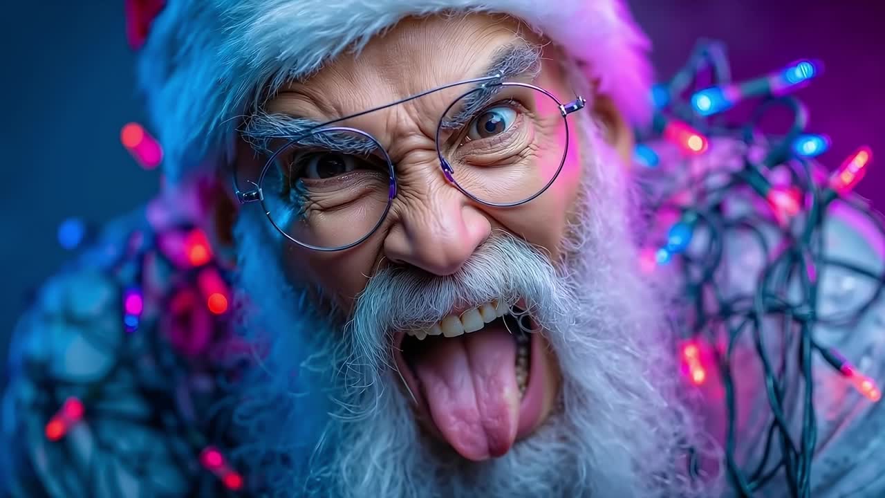 A man in a santa claus hat and glasses sticking out his tongue
