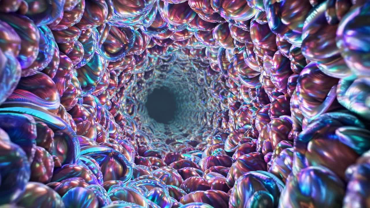 Abstract iridescent tunnel with spheres