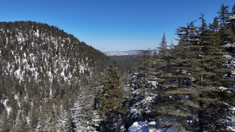 Beautiful-drone-shot-of-mountain-ranges-and-landscape-set-in-the-valley-completely-covered-with-snow