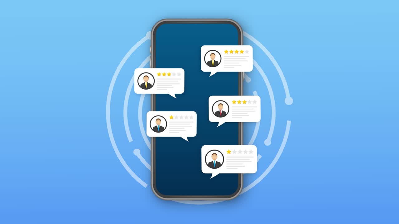 revisión de la calificación de las burbujas de discursos en la ilustración del teléfono móvil, el estilo plano de las revisiones de teléfonos inteligentes estrellas con buena y mala tasa. gráficos de movimiento