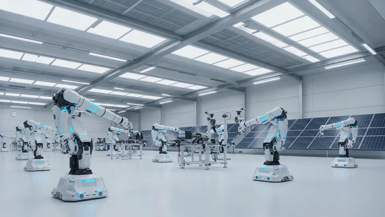 Advanced Robotic Automation in a High-Tech Manufacturing Facility Showcasing Precision Engineering and Efficiency with Sophisticated Robotic Arms and Modern Technology