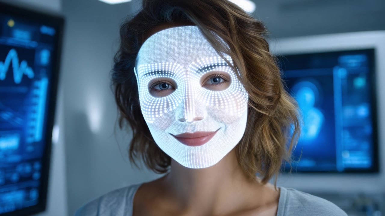Eine junge Frau unterzieht sich einer digitalen Gesichtsbehandlung in einer High-Tech-Umgebung, die leuchtende Gesichtsmuster in einem futuristischen Schönheitsverfahren zeigt