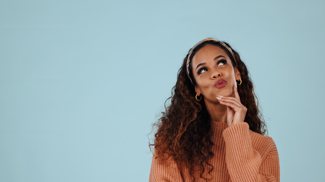 Ideas, thinking and woman with question
