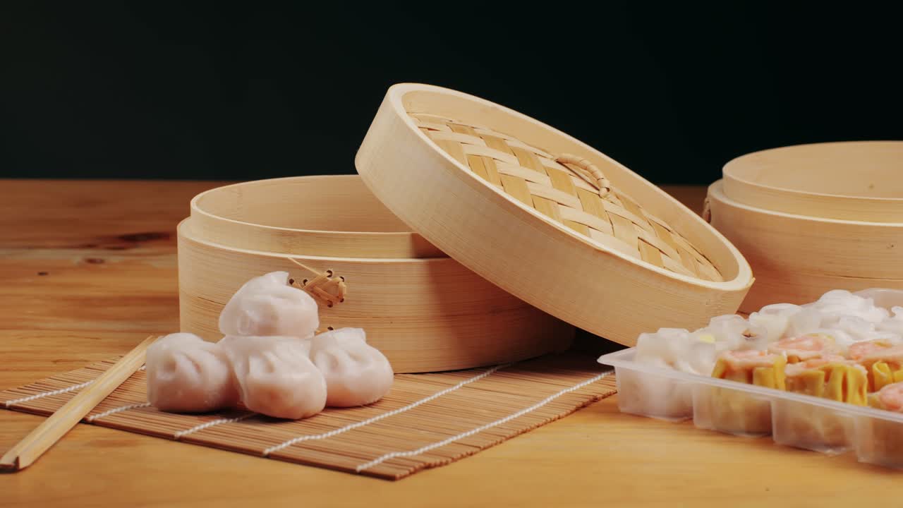 Various of frozen dim sum close-up macro. Food to take away. Chinese dessert food. Dimsum with shrimps, fish and meat. Dish in a cafe. Delivery