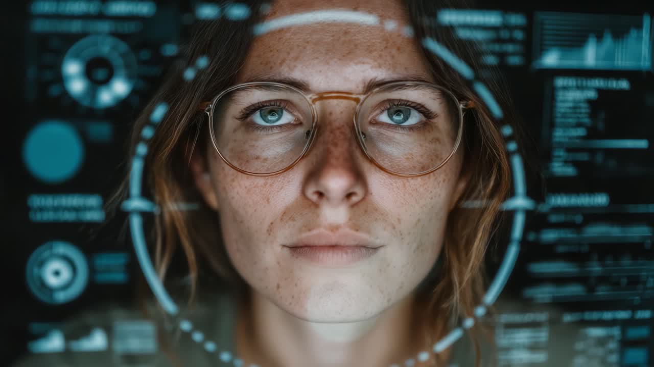 A focused individual engaged with a futuristic interface showcasing data analytics, emphasizing the integration of technology and human cognition in modern applications