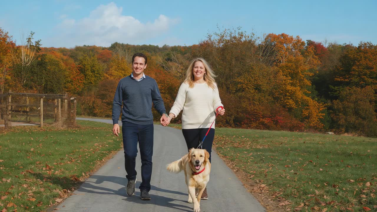 Walking couple holding hands on rural lane, woman leading golden retriever on red leash for leisure