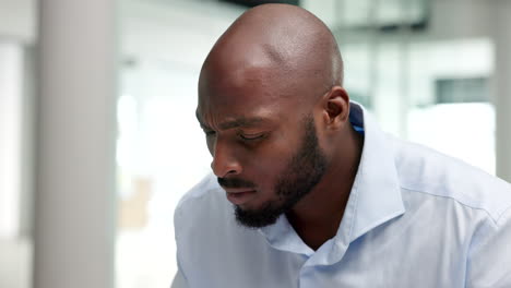 thinking, serious and bald african american