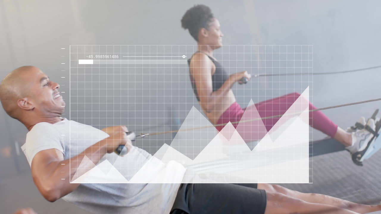 체육관에서 오징어 기계를 사용하는 다양한 사람들의 데이터 처리 및 다이어그램의 애니메이션