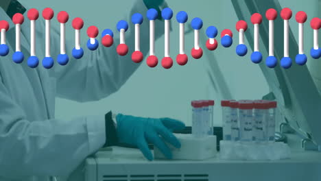 Animation-of-dna-strand-and-data-processing-over-male-scientist-in-laboratory