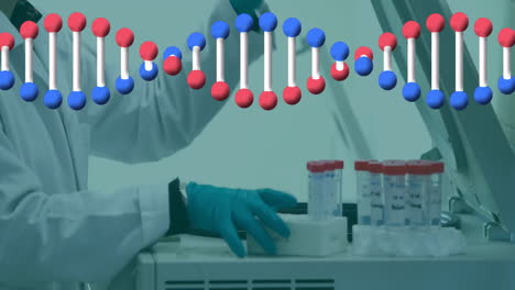 animación de cadena de adn y procesamiento de datos sobre científico masculino en el laboratorio