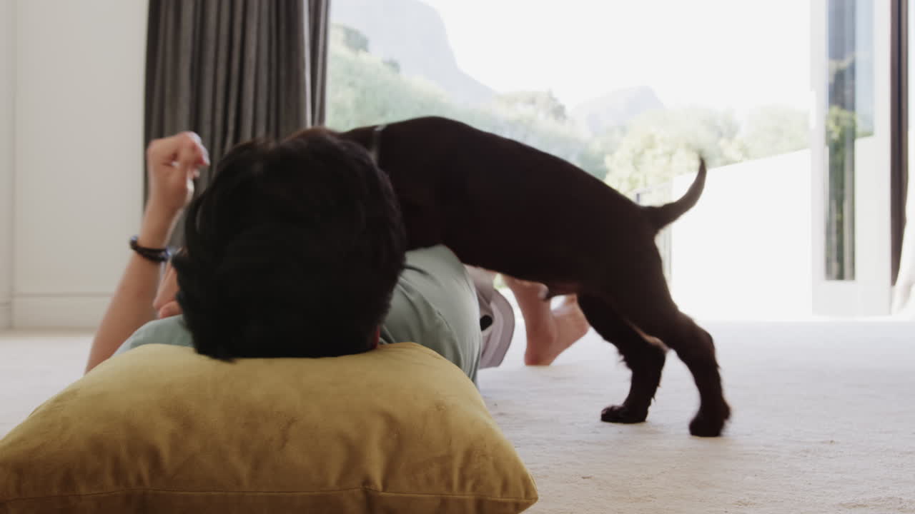 Relaxing at home, Asian man playing with dog on carpet, enjoying moment