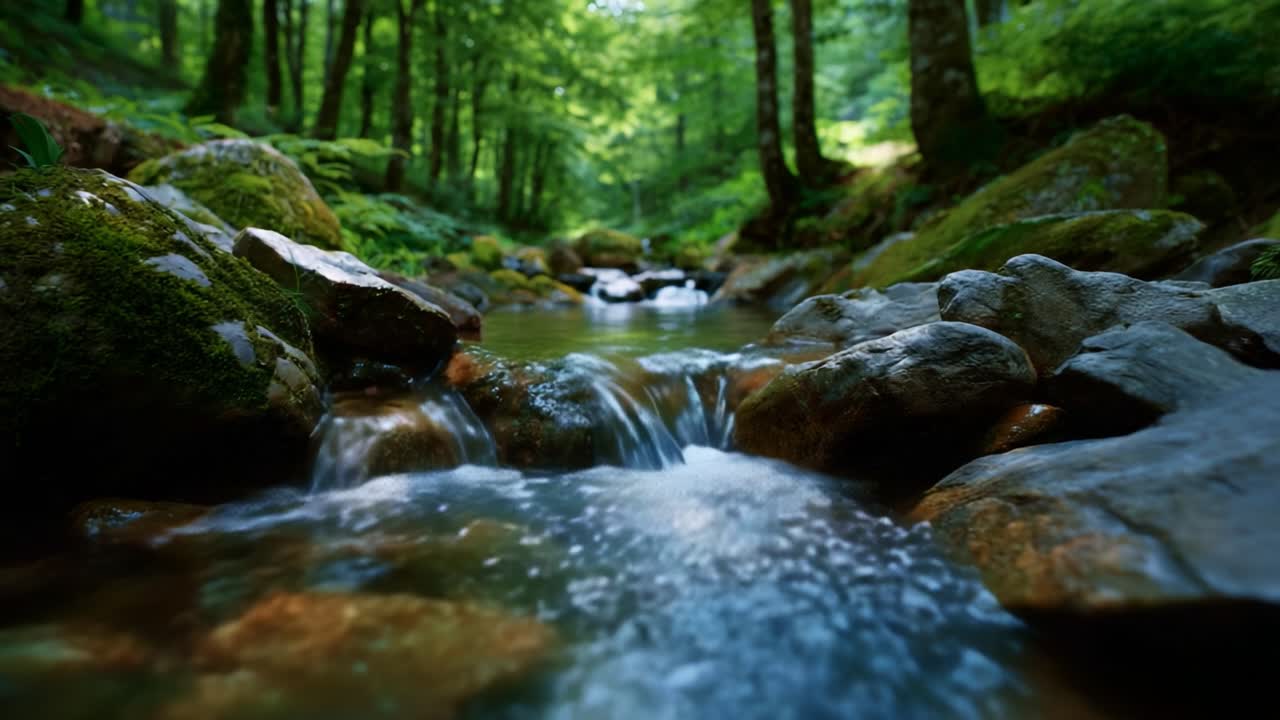 En rolig strøm, der flyder gennem en grøn skov med frodig beplantning og glatte sten, skaber en fredfyldt, naturlig oase til afslapning og eftertanke