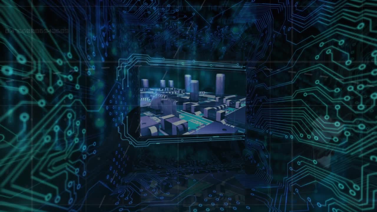 Animation of screen with data processing and microprocessor connections over male hacker