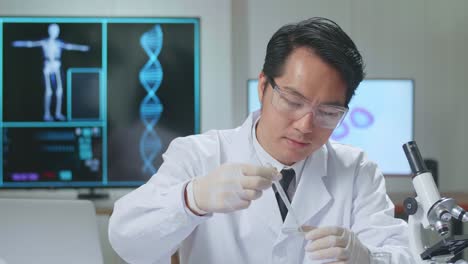 asian scientist researching in the laboratory with a microscope and explain to the camera