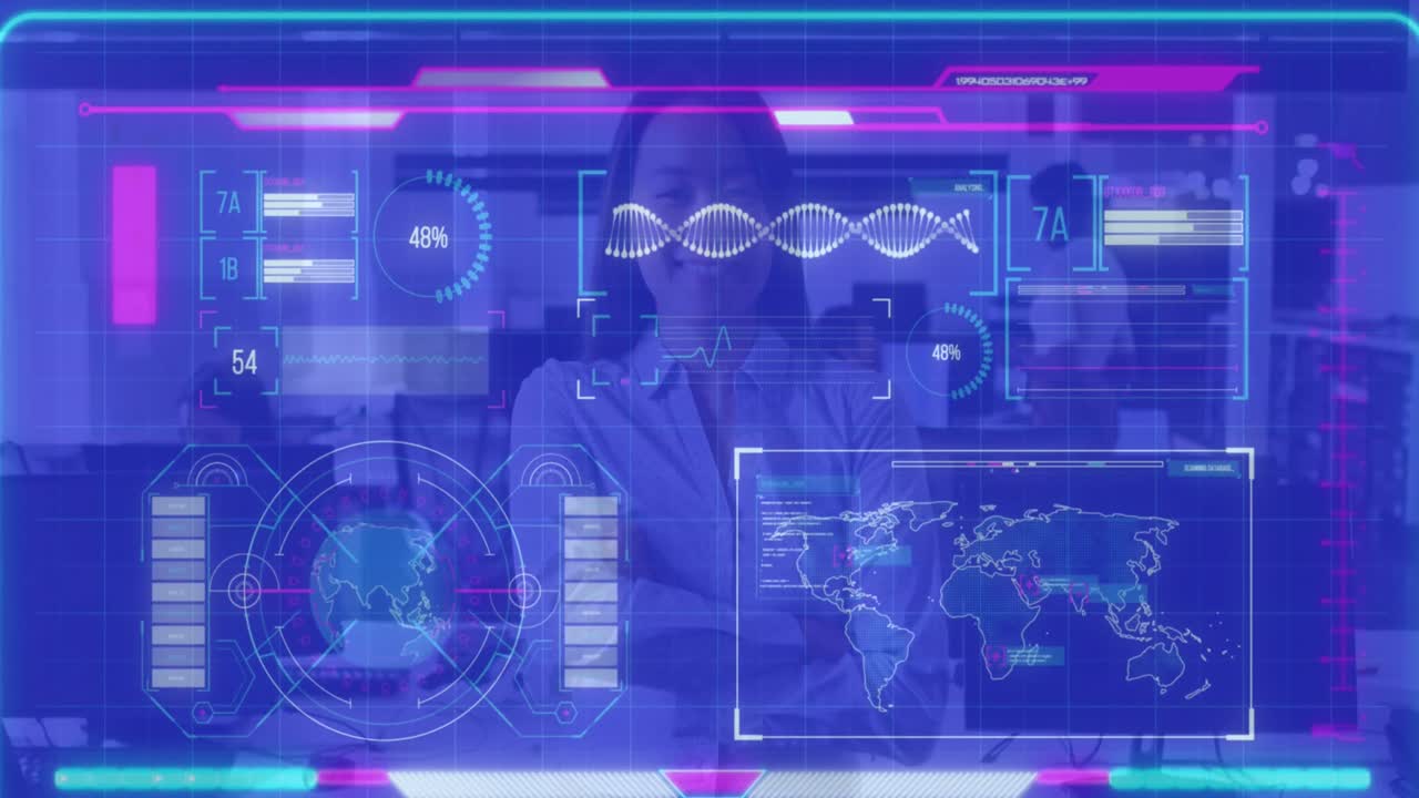 사무실에서 미소 짓는 아시아 사업가 여성에 대한 데이터 처리 애니메이션