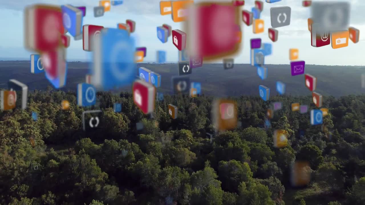 animación de iconos digitales flotando sobre el paisaje