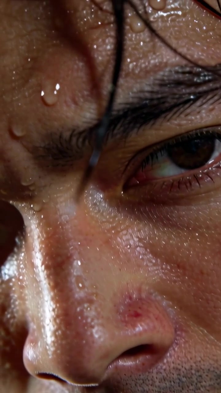 Vertical video: Holding closeup, man gazing, blinking as droplets sliding, showing hair, blemish
