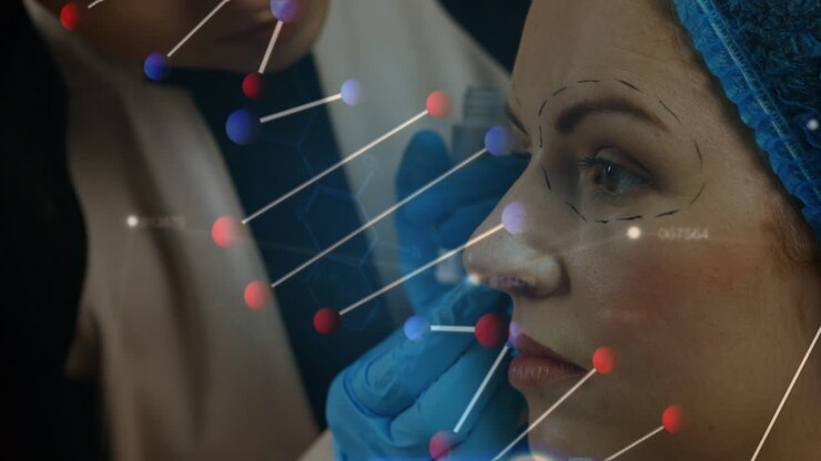 Animazione di DNA che ruota sopra le mani di un dottore che prepara una donna caucasica per un intervento di chirurgia plastica