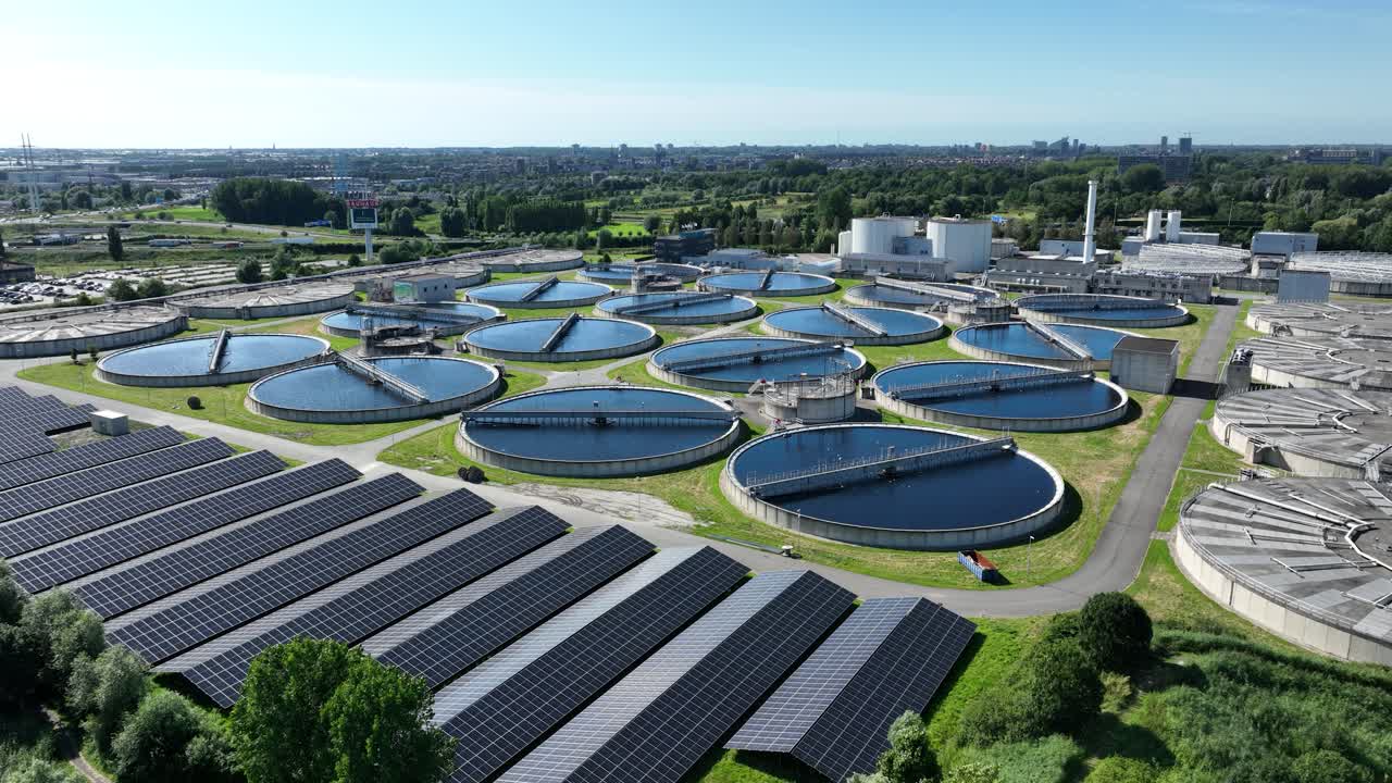 Aerial View of a Wastewater Treatment Plant with Solar Panels