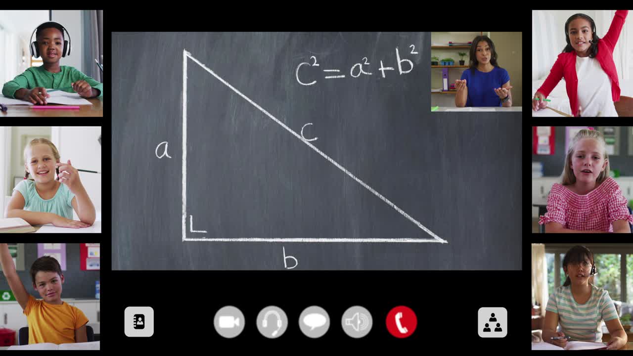 Animation of interface screen with chalkboard, teacher and six diverse children in online lesson