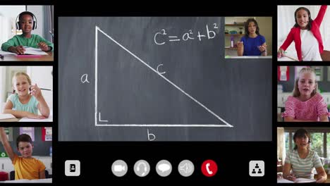 animation of interface screen with chalkboard, teacher and six diverse children in online lesson