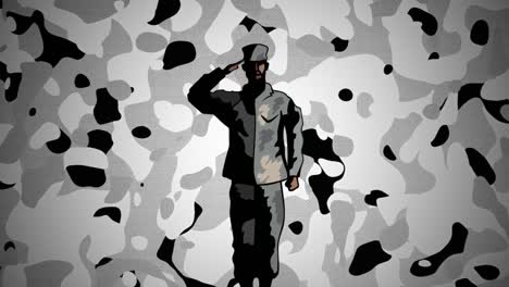 figura de un soldado saludando contra un fondo de camuflaje