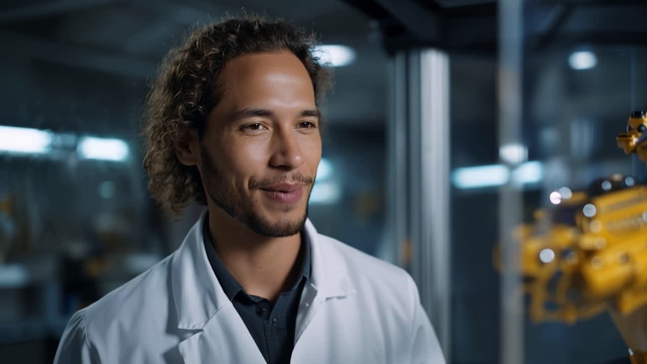 Un ingénieur sourit près d'un bras robotique jaune. Cheveux bouclés, blouse blanche, expression concentrée. Un environnement de laboratoire moderne avec des lumières vives au plafond. Un technologue interagit avec des équipements d'automatisation avancés.
