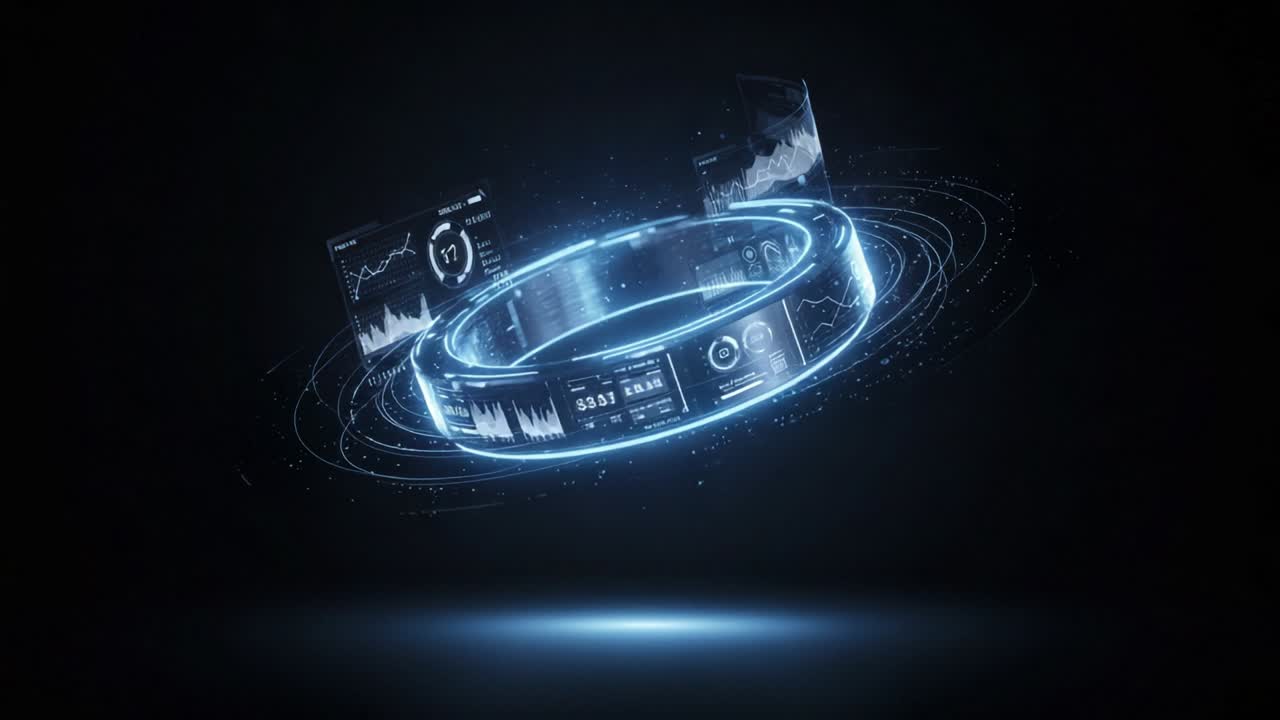 Un'interfaccia digitale futuristica che mostra grafici interattivi e analisi dei dati in un formato circolare elegante e luminescente, circondata da effetti visivi dinamici